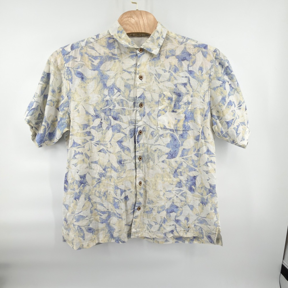 Tommy Bahama Button Up Mens XL Blue Yellow White Silk Floral Leaf Tropical